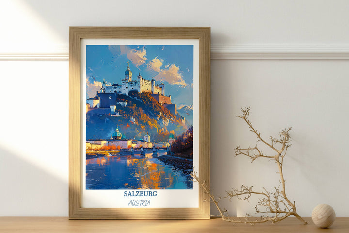 Immerse yourself in the splendor of Salzburg with this enchanting art print of Hohensalzburg Castle. A delightful gift for travel enthusiasts.