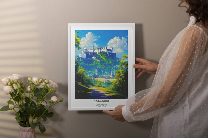 a woman holding up a picture of a castle