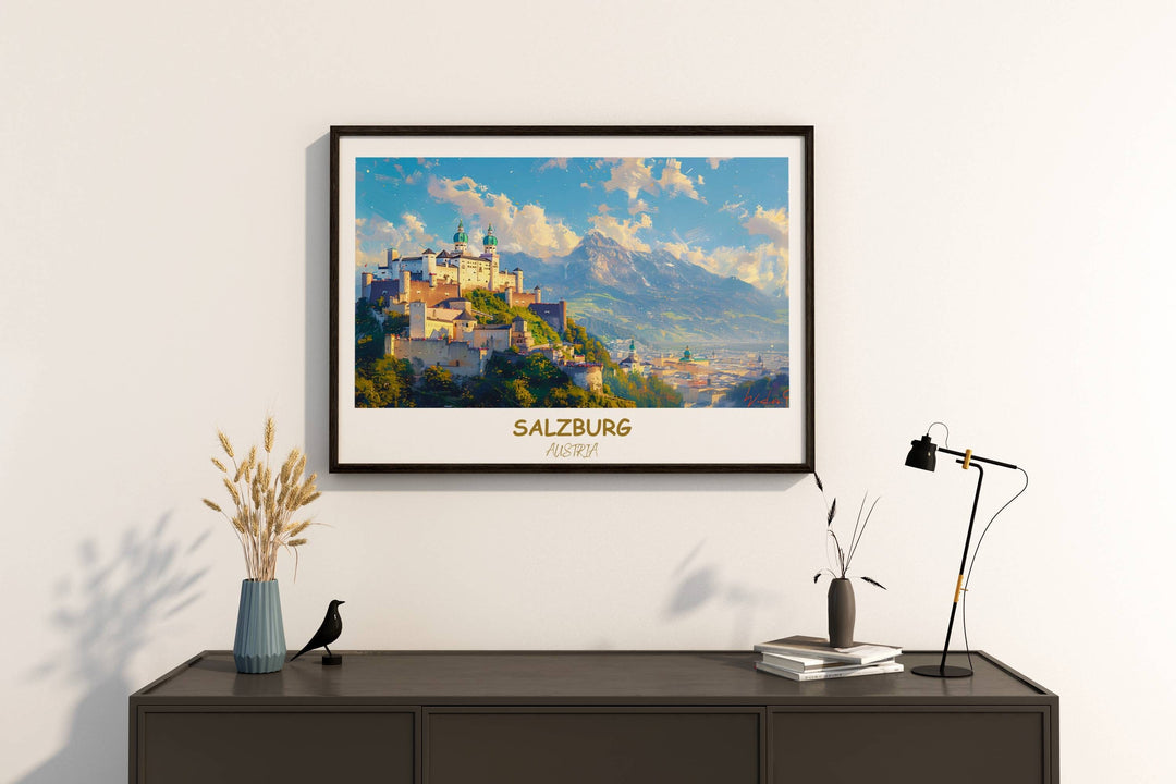 Immerse yourself in the enchanting beauty of Salzburg with this elegant wall art showcasing Hohensalzburg Castle. A perfect gift choice.