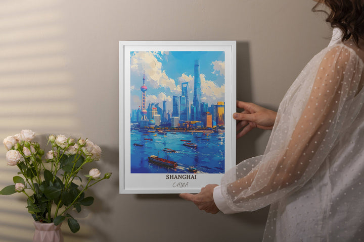 Bring the magic of Shanghai into your home with this stunning China print, featuring The Bund and Shanghais iconic skyline at dusk.