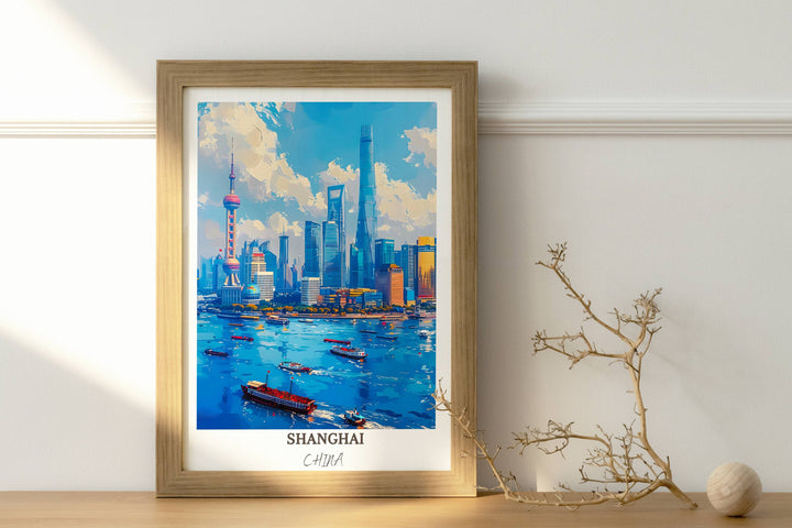 Bring the magic of Shanghai into your home with this stunning China print, featuring The Bund and Shanghais iconic skyline at dusk.