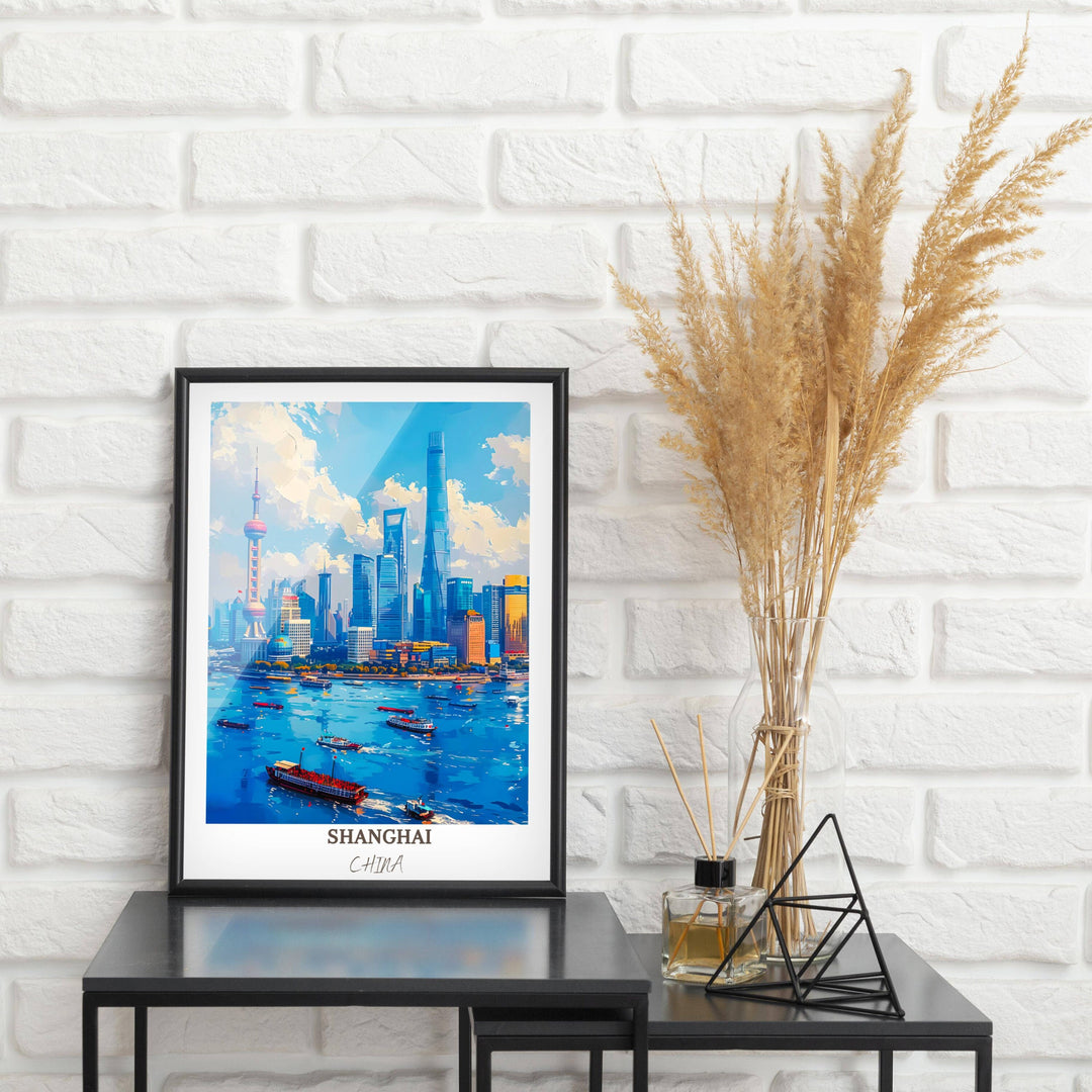 Transport yourself to Shanghai with this captivating China poster, featuring The Bund and the bustling cityscape of modern China.