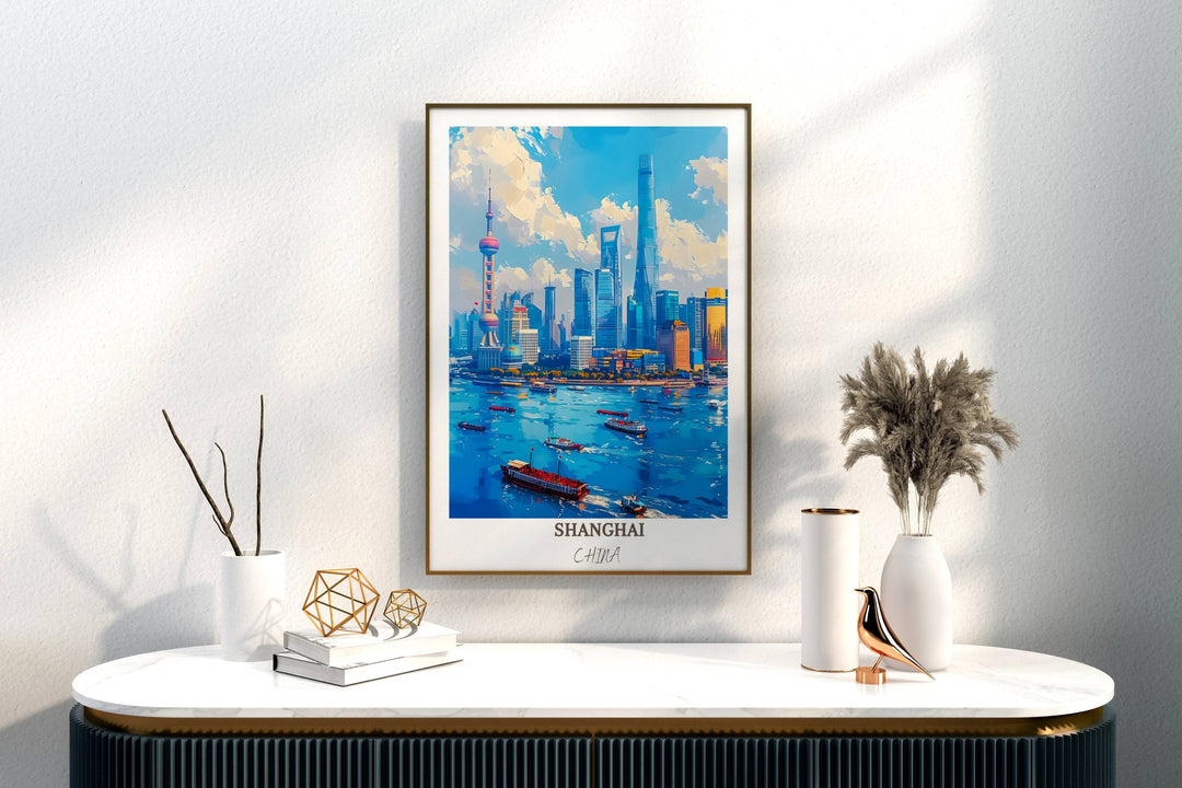 Transport yourself to Shanghai with this captivating China poster, featuring The Bund and the bustling cityscape of modern China.