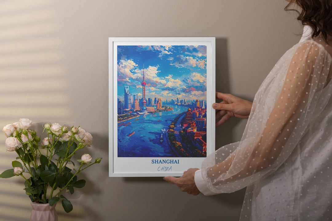 Elevate your space with this captivating Shanghai poster, depicting the iconic landmarks of The Bund and Chinas dynamic cityscape.