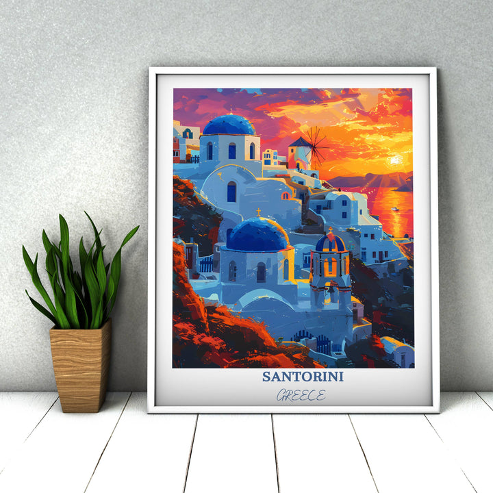 Vibrant Santorini home decor. A picturesque Greece travel print capturing the essence of Santorini&#39;s iconic beauty, perfect for your wall art collection.