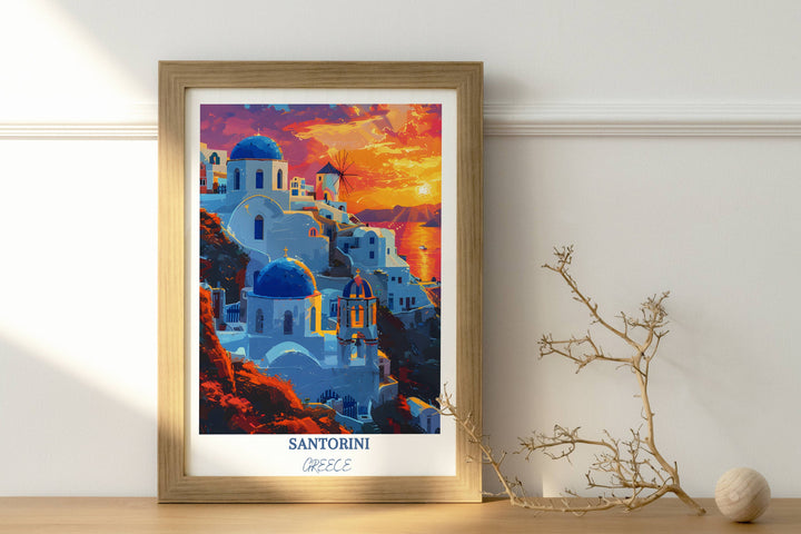 Vibrant Santorini home decor. A picturesque Greece travel print capturing the essence of Santorini&#39;s iconic beauty, perfect for your wall art collection.