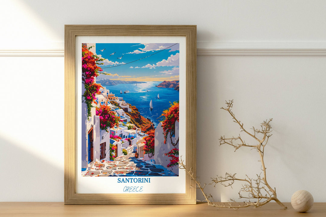 Santorini Greek captivates your senses with the enchanting beauty of Santorini captured in this stunning Greek-inspired artwork.