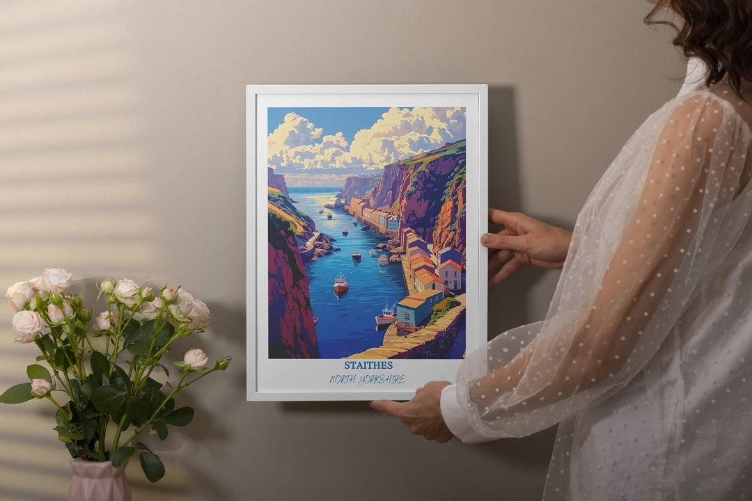 a woman holding up a picture of a river