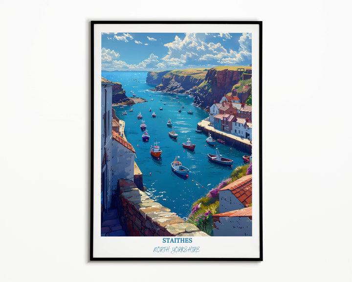 England art capturing the essence of Staithes, a picturesque fishing village known for its timeless charm and stunning coastal views.