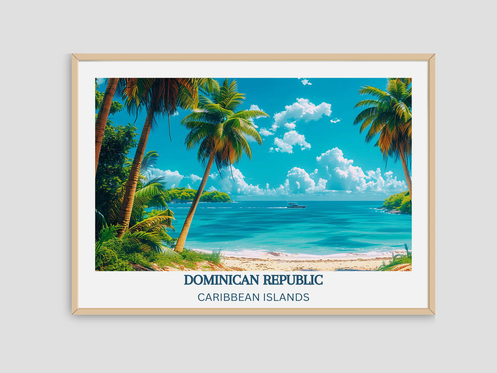 a painting of a tropical beach with palm trees