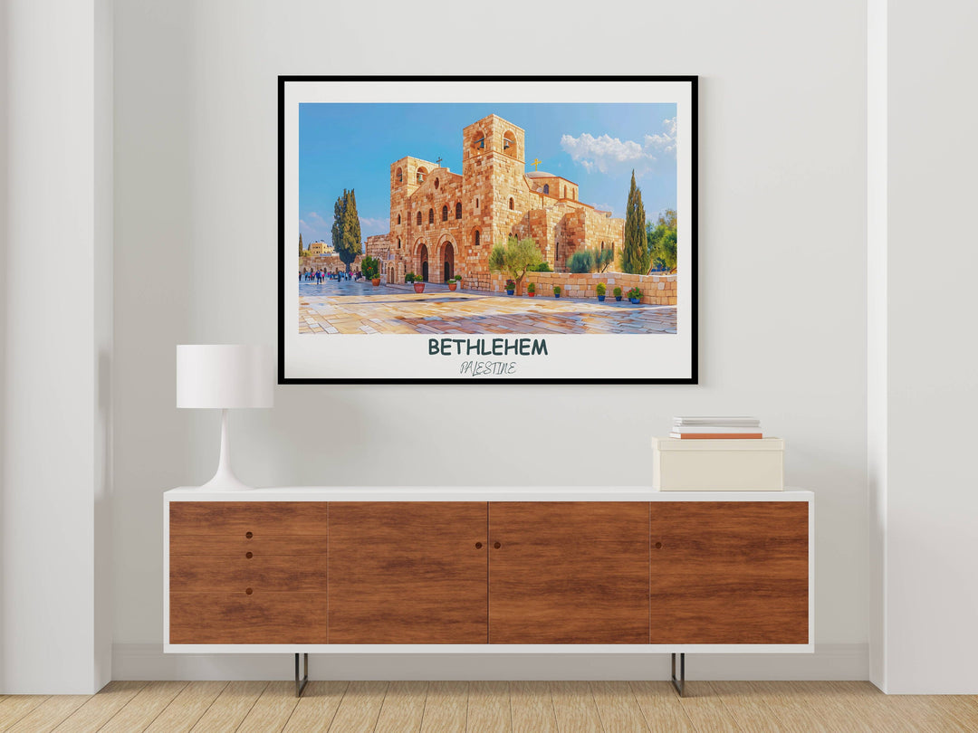 Inspiring Palestine art depicting the beauty of the Middle East, including Bethlehem Church of the Nativity. A stunning addition to any home, offering a glimpse into Palestinian culture