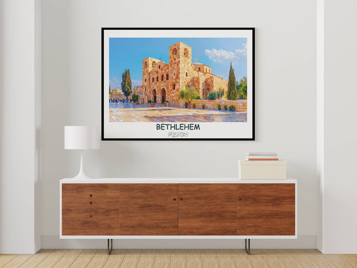 Inspiring Palestine art depicting the beauty of the Middle East, including Bethlehem Church of the Nativity. A stunning addition to any home, offering a glimpse into Palestinian culture