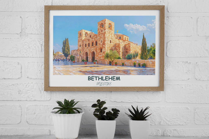 Elegant Palestine wall art showcasing the richness of Middle Eastern heritage, featuring Bethlehem Church of the Nativity. Perfect for adding character to your living space
