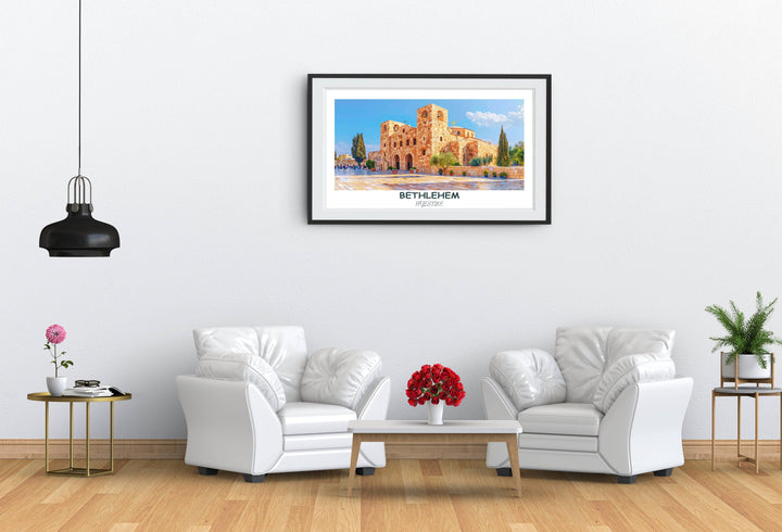 Beautiful Palestine painting evoking the essence of the Middle East, highlighting Bethlehem Church of the Nativity. Ideal for those who appreciate art and cultural diversity