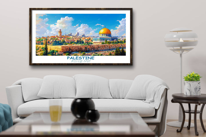 Detailed Palestine poster showcasing the diverse landscapes of the Middle East, including landmarks like DOME of the ROCK. Perfect for sparking conversations and inspiring wanderlust