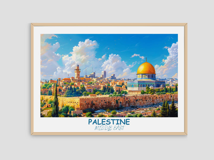 Detailed Palestine poster showcasing the diverse landscapes of the Middle East, including landmarks like DOME of the ROCK. Perfect for sparking conversations and inspiring wanderlust