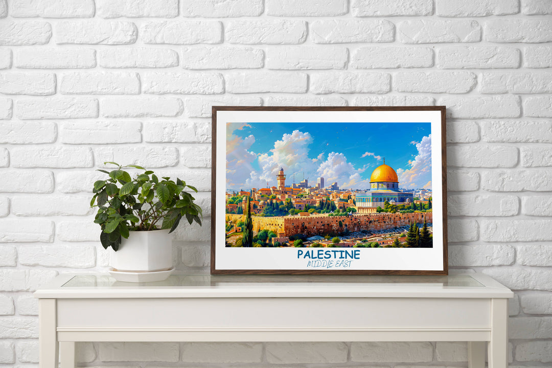 Detailed Palestine poster showcasing the diverse landscapes of the Middle East, including landmarks like DOME of the ROCK. Perfect for sparking conversations and inspiring wanderlust