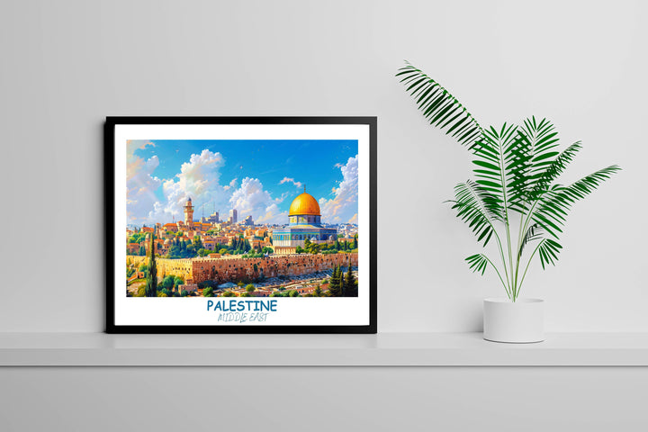 Detailed Palestine poster showcasing the diverse landscapes of the Middle East, including landmarks like DOME of the ROCK. Perfect for sparking conversations and inspiring wanderlust