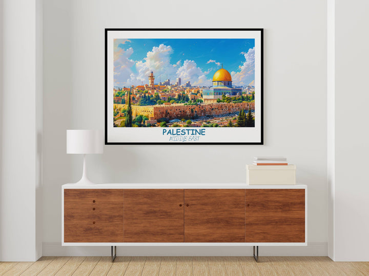 a painting of a cityscape with the dome of the rock in the background
