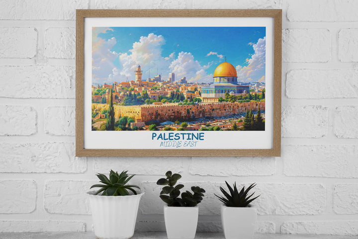 Detailed Palestine poster showcasing the diverse landscapes of the Middle East, including landmarks like DOME of the ROCK. Perfect for sparking conversations and inspiring wanderlust