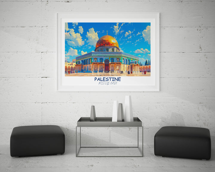 Timeless Palestine artwork celebrating the history and culture of the Middle East, with notable features like Dome of the ROCK. Perfect for those with an appreciation for art and heritage.