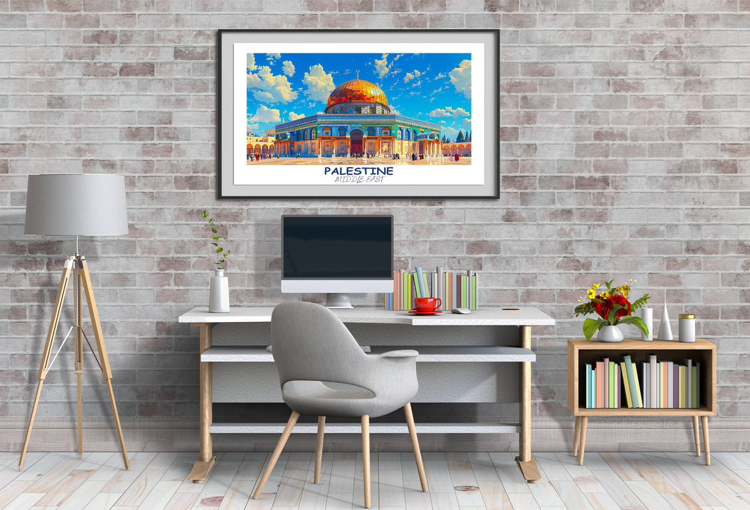 Timeless Palestine artwork celebrating the history and culture of the Middle East, with notable features like Dome of the ROCK. Perfect for those with an appreciation for art and heritage.