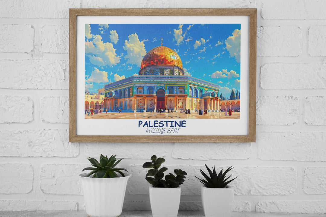 Timeless Palestine artwork celebrating the history and culture of the Middle East, with notable features like Dome of the ROCK. Perfect for those with an appreciation for art and heritage.