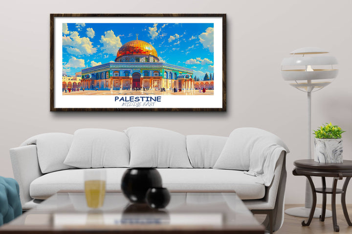 Timeless Palestine artwork celebrating the history and culture of the Middle East, with notable features like Dome of the ROCK. Perfect for those with an appreciation for art and heritage.