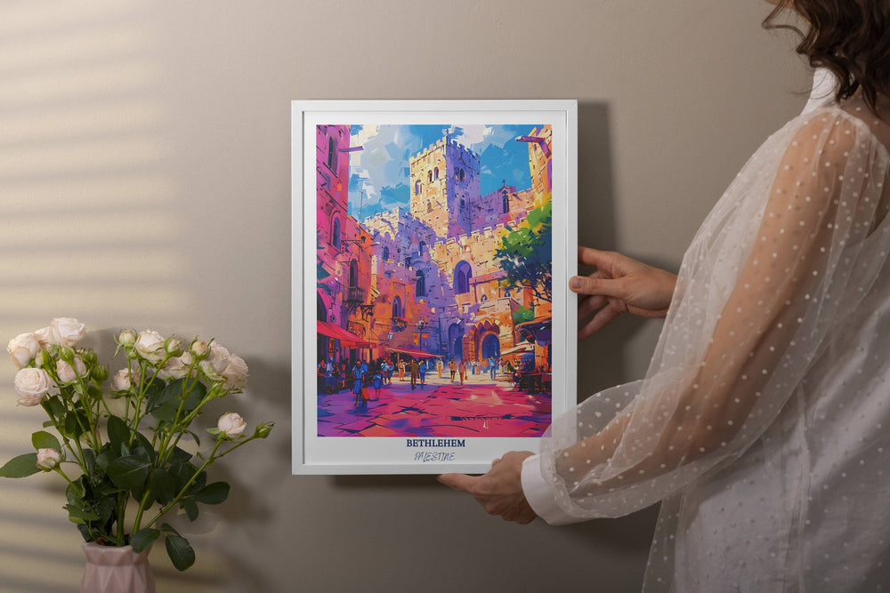 Captivating Palestine artwork celebrating the spirit of the Middle East, with a focus on Bethlehem Church of the Nativity. A thoughtful gift for anyone interested in Palestinian culture