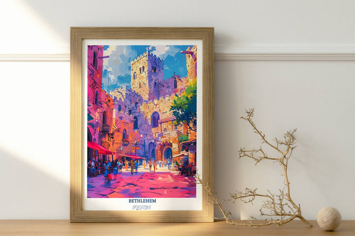 Captivating Palestine artwork celebrating the spirit of the Middle East, with a focus on Bethlehem Church of the Nativity. A thoughtful gift for anyone interested in Palestinian culture