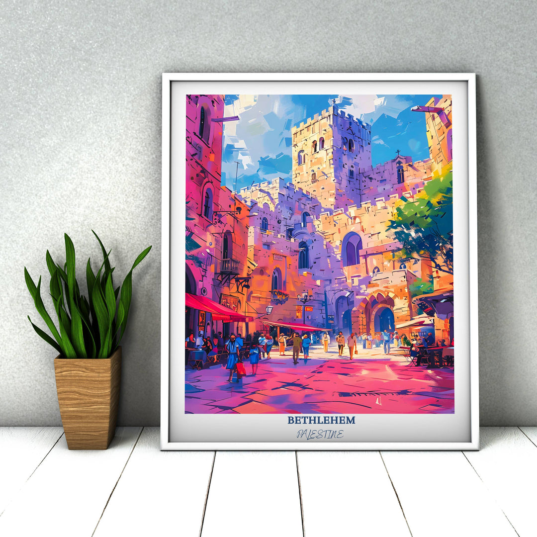 Captivating Palestine artwork celebrating the spirit of the Middle East, with a focus on Bethlehem Church of the Nativity. A thoughtful gift for anyone interested in Palestinian culture