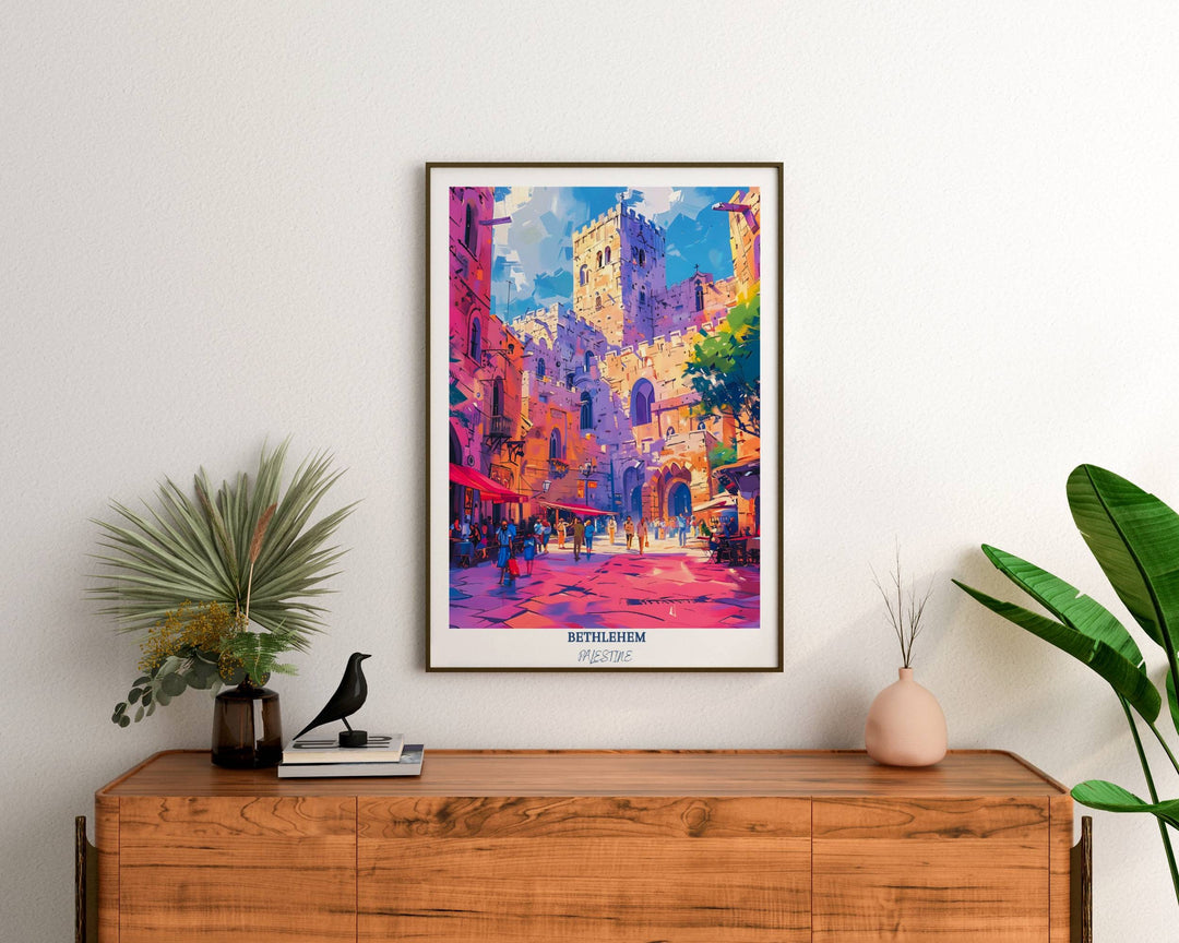 Charming Palestine print capturing the allure of the Middle East, including iconic landmarks like Bethlehem Church of the Nativity. Enhance your decor with this unique piece of Palestinian art