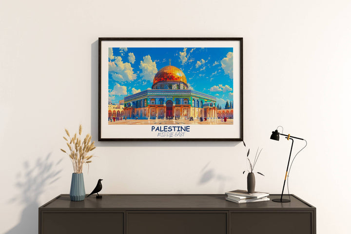 Timeless Palestine artwork celebrating the history and culture of the Middle East, with notable features like Dome of the ROCK. Perfect for those with an appreciation for art and heritage.