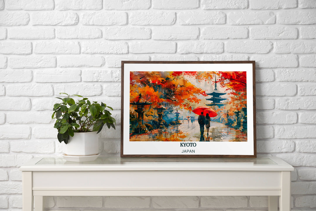 Authentic Kyoto poster capturing the essence of Japanese heritage with images of geishas and ancient wooden bridges.