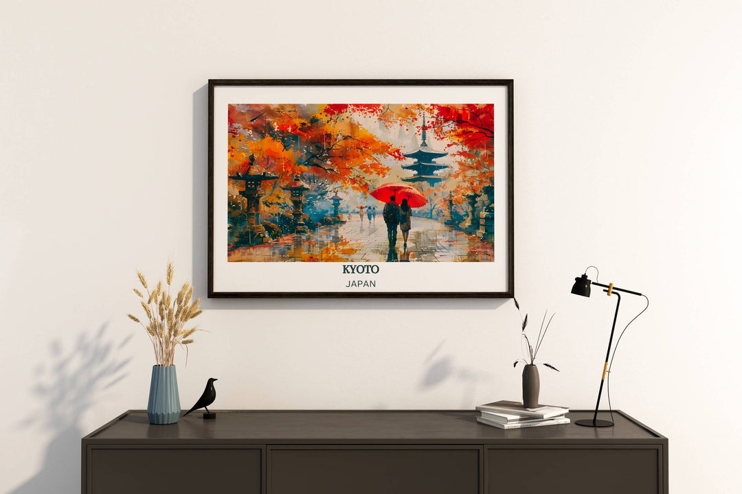 Vintage Kyoto print showcasing famous temples and vibrant cherry blossoms, perfect for Japanese culture enthusiasts.