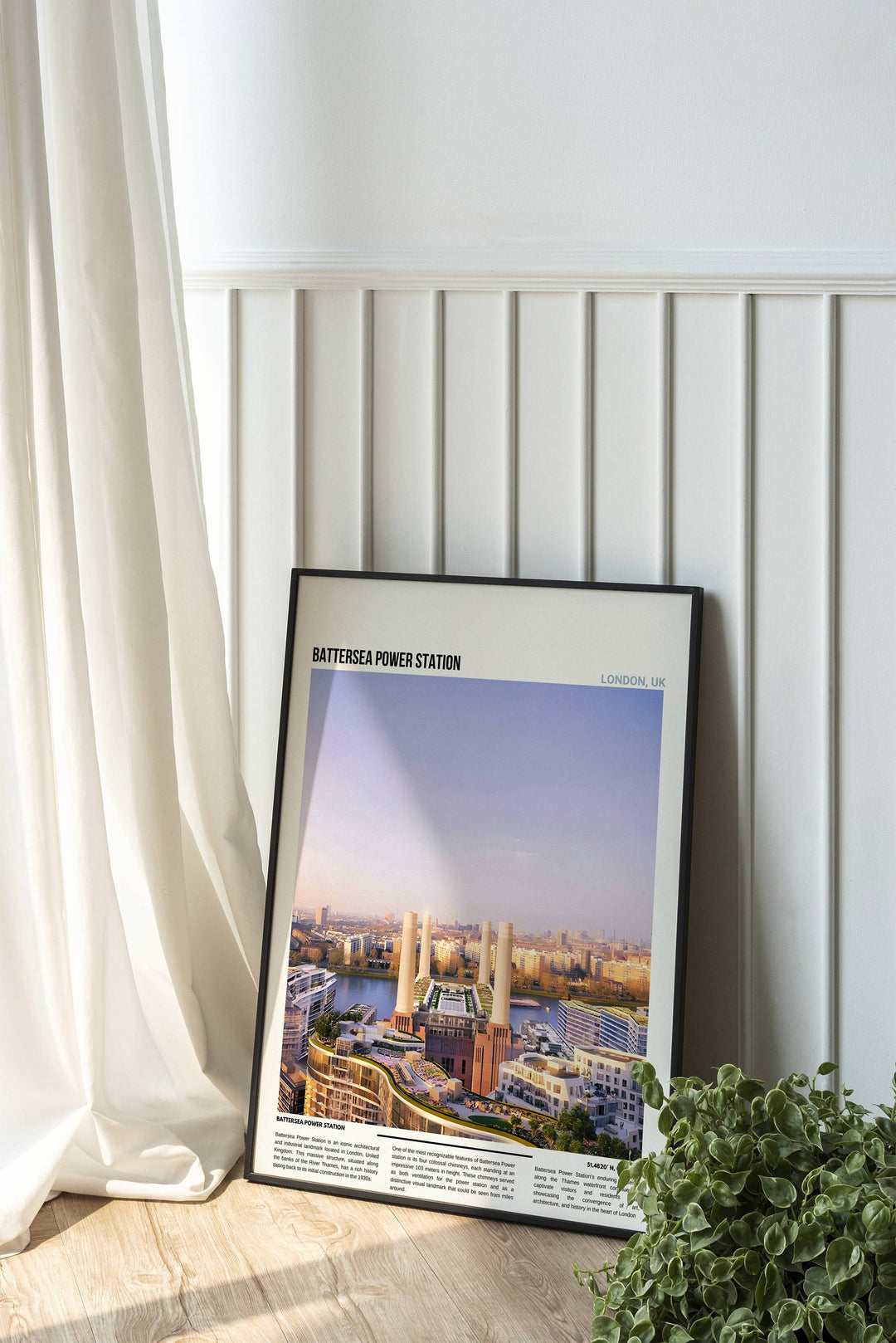 An artistic representation of Battersea Power Station in London, set against the iconic London skyline. This stunning Battersea Wall Art captures the essence of British landmarks, making it a perfect housewarming gift