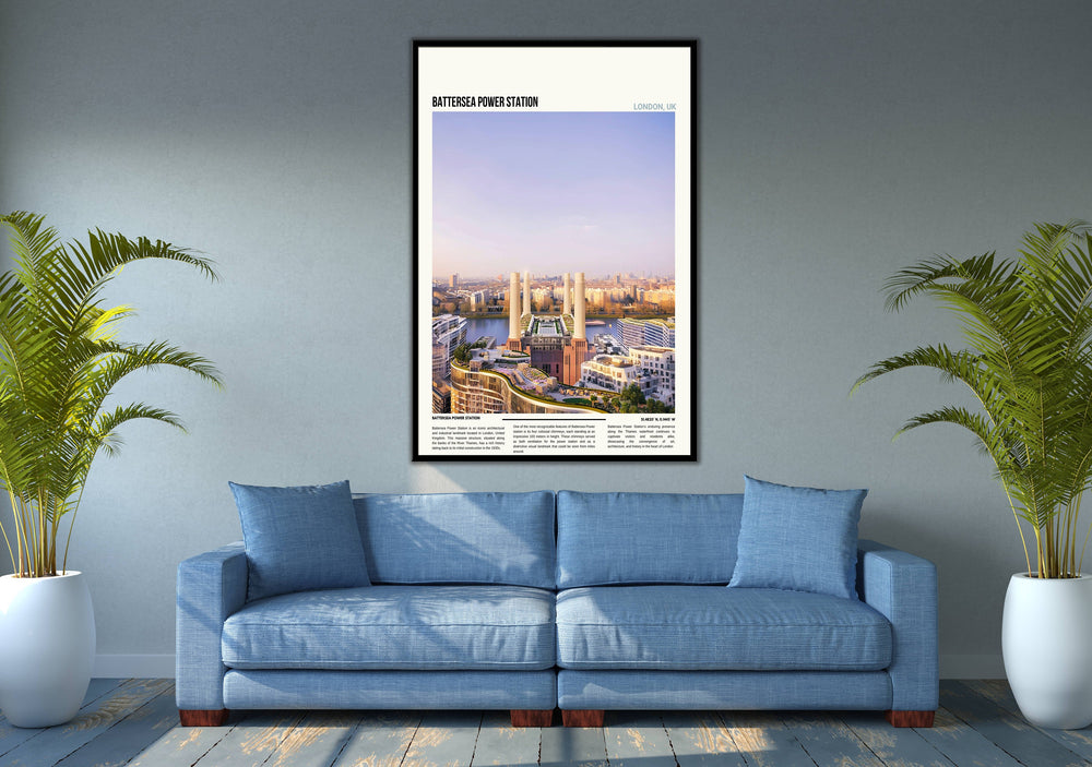 An artistic representation of Battersea Power Station in London, set against the iconic London skyline. This stunning Battersea Wall Art captures the essence of British landmarks, making it a perfect housewarming gift