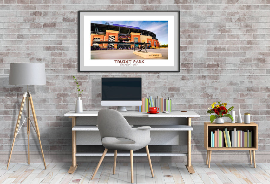 Truist Park Art: Stunning depiction of the Braves home stadium. Perfect for baseball enthusiasts and as a unique housewarming gift.