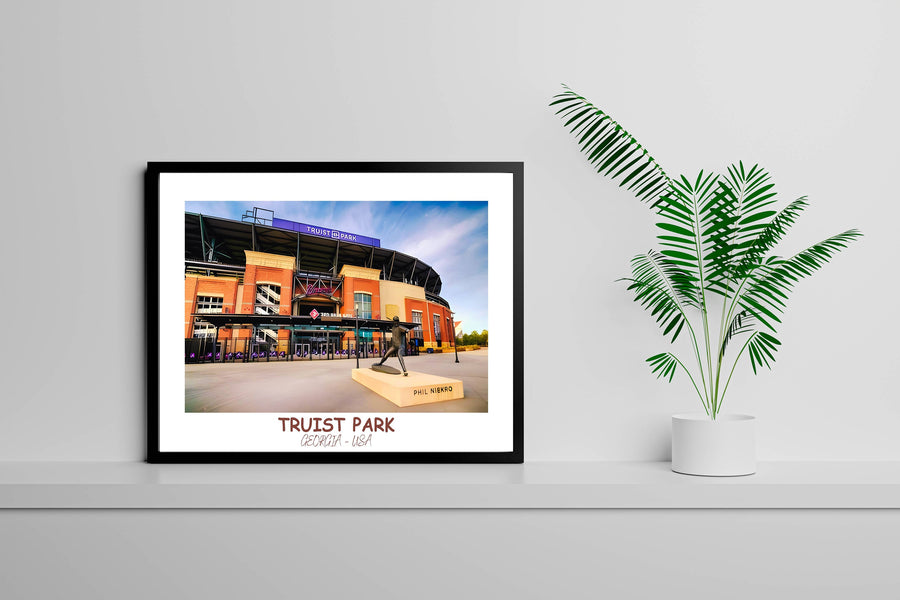 Braves Ballpark Print: Truist Park artwork celebrates the spirit of baseball. Ideal for fans and as a memorable housewarming present.
