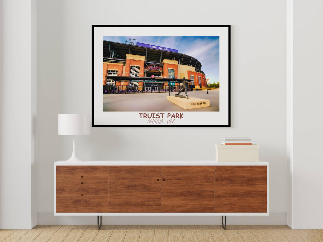 Braves Ballpark Print: Truist Park artwork celebrates the spirit of baseball. Ideal for fans and as a memorable housewarming present.