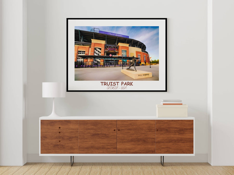 Braves Ballpark Print: Truist Park artwork celebrates the spirit of baseball. Ideal for fans and as a memorable housewarming present.
