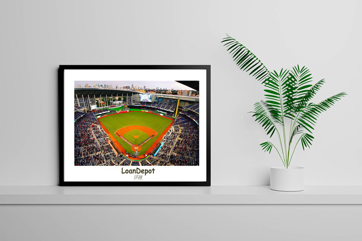 a picture of a baseball stadium with a plant in the corner