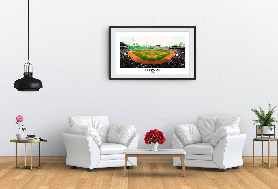 a living room with two white chairs and a coffee table