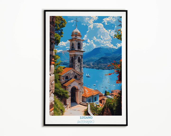 Adorn your walls with Lugano Travel Art, an exquisite Switzerland Wall Art that makes for a unique housewarming gift