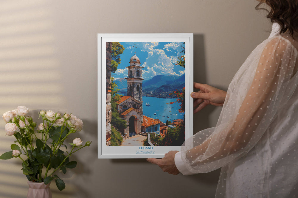 a woman holding up a picture of a church