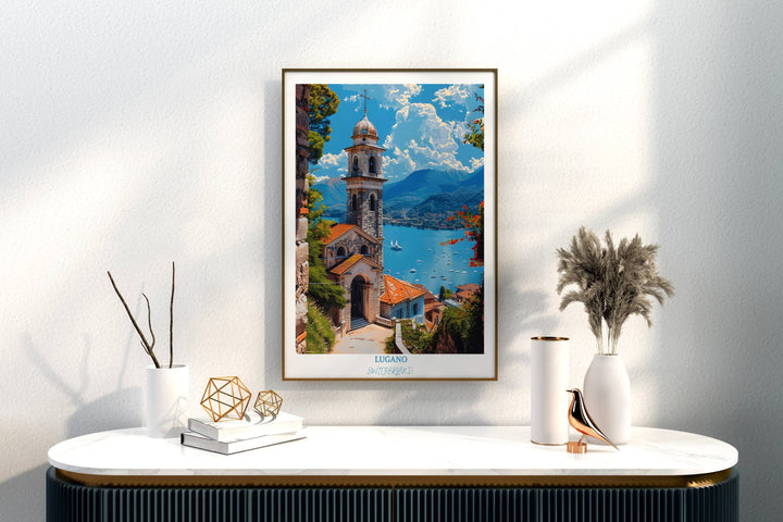 a painting of a church with a lake in the background
