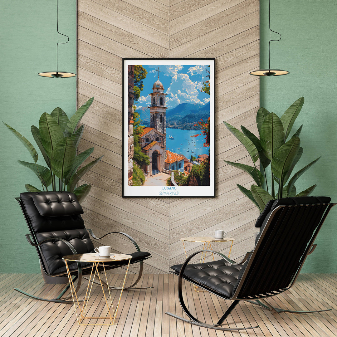 two chairs in a room with a painting on the wall