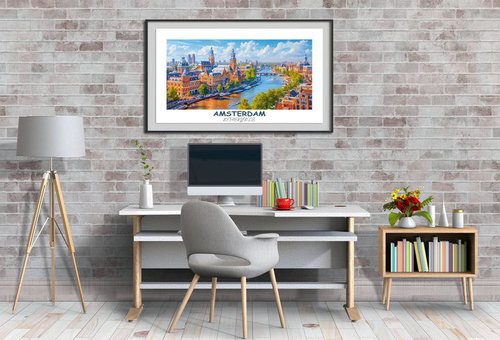 a painting of a cityscape with a computer on a desk