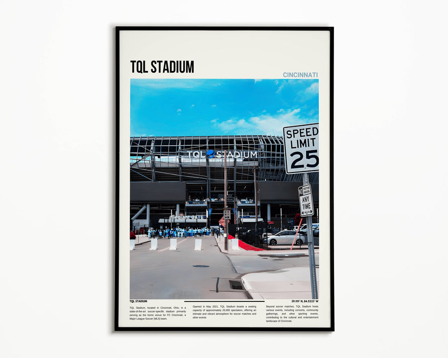 FC Cincinnati Poster featuring TQL Stadium Print. Perfect for soccer fans and art lovers. This Major League Soccer Art piece captures the energy of the game with a modern touch. A vibrant Soccer Pitch Poster ideal for home décor and housewarming gifts