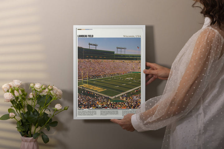 Lambeau Field Poster featuring a vibrant depiction of the legendary Packers’ stadium. This stunning piece of NFL Stadium Art is perfect for any football lover’s home, combining rich history with modern decor. A great choice for adding personality to your living space.